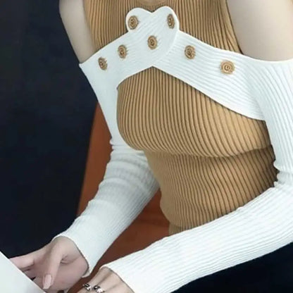 Women Clothing Autumn Fashion Simplicity Trend Hollow Out Knitting O-neck Female Color Blocking Appear Thin Slim Pullovers Sweat