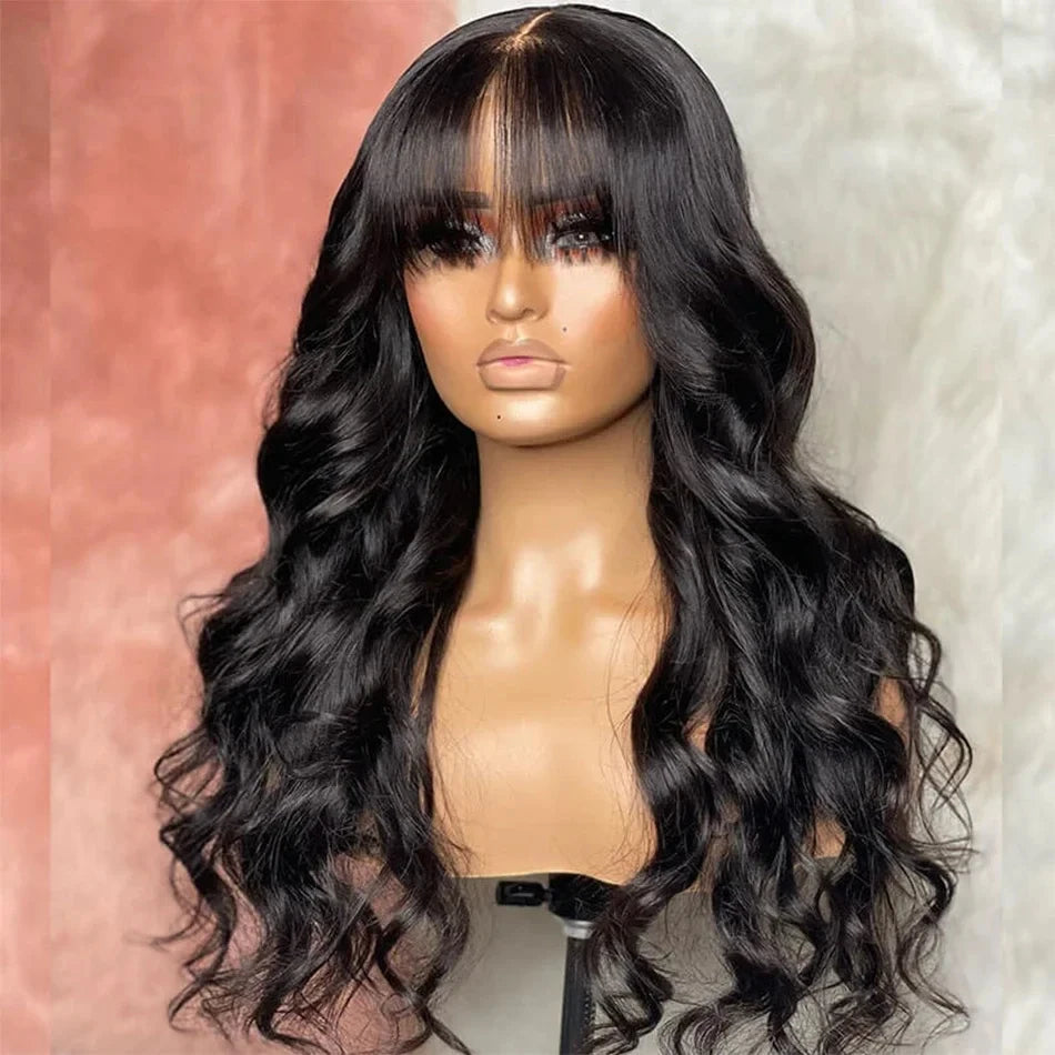 Middle Part Body Wave Human Hair Wig With Bangs for Black Women 3x1 Lace Wigs 200 Density Brazilian 30 32 Inch Wigs on Sale