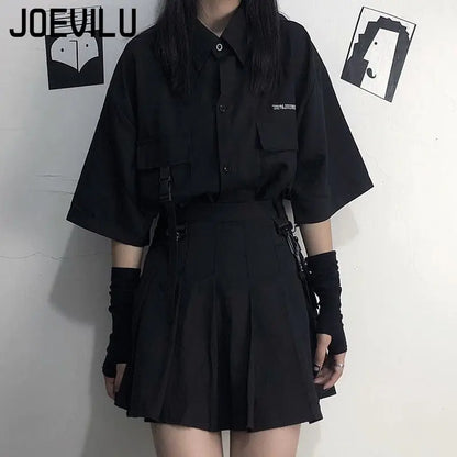Gothic Skirt Set Loose Shirt Pleated Mini Skirts 2 Piece Sets Korean Retro Casual Outfits Women Spring Summer Aesthetic Y2k Suit