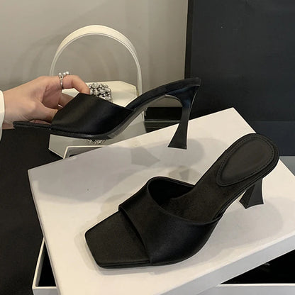 Liyke High Quality Cozy Silk Wide Square Toe Women Slippers Sandals Strange Heels Mules Slides Summer Party Dress Shoes Brown
