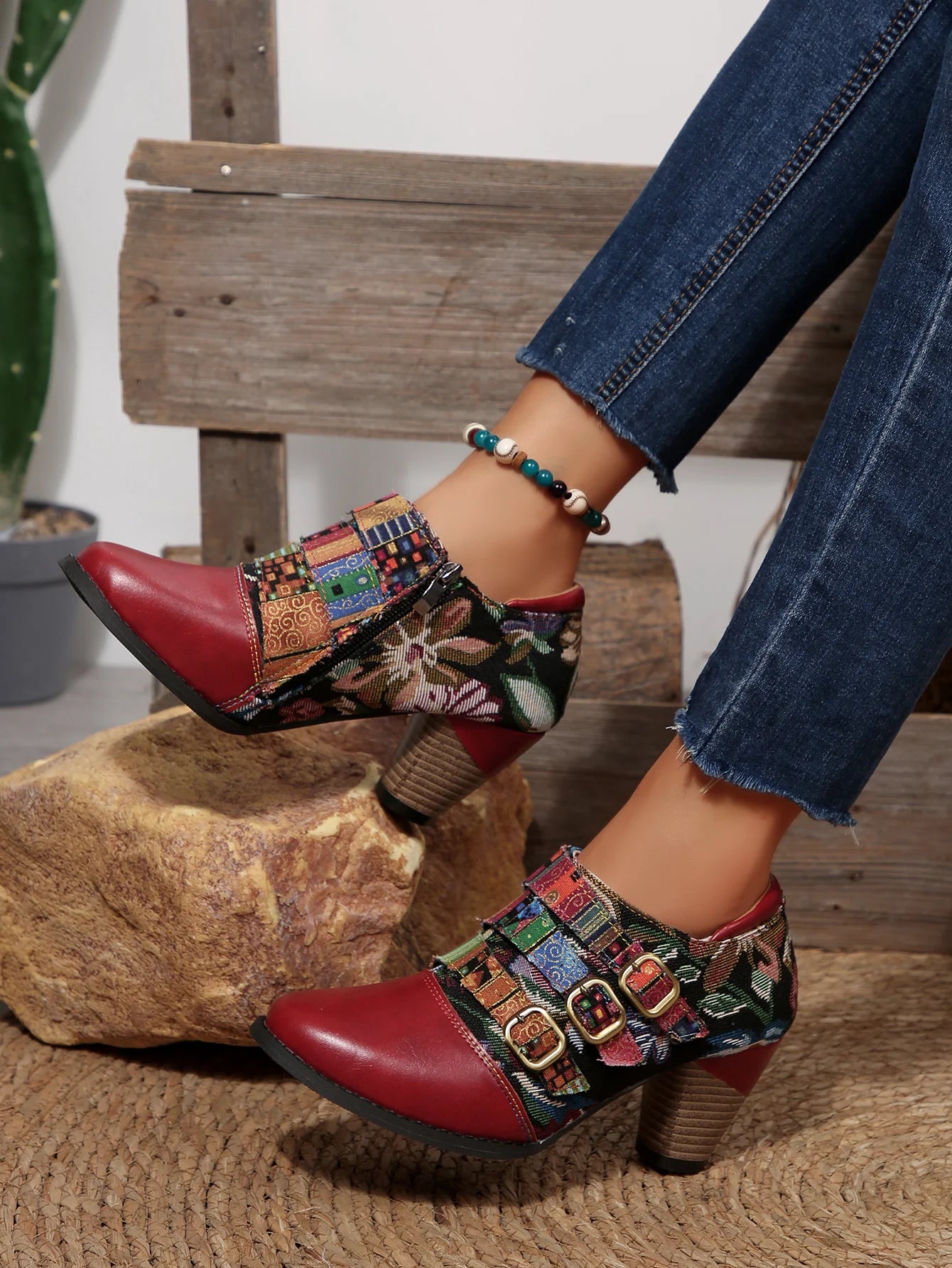 Women's Spring & Fall Short Boots, Bohemian Fashion Splicing Retro Short Boots, Casual Printed Western Leather Boots, Side Zippers, Suitable for Daily Commuting, Vacation, Parties