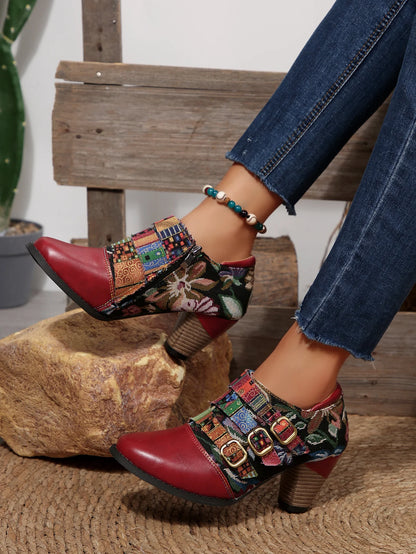 Women's Spring & Fall Short Boots, Bohemian Fashion Splicing Retro Short Boots, Casual Printed Western Leather Boots, Side Zippers, Suitable for Daily Commuting, Vacation, Parties