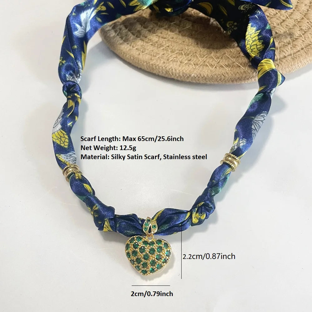 Women’s Fashion Scarf Necklace with Large Stainless Steel Heart Pendant Stackable Bandana Jewelry