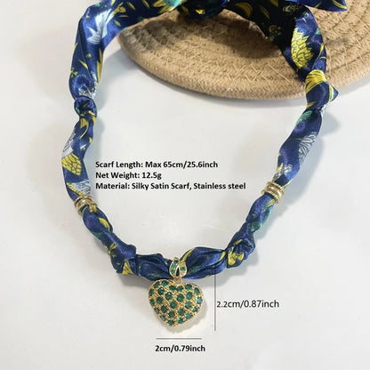 Women’s Fashion Scarf Necklace with Large Stainless Steel Heart Pendant Stackable Bandana Jewelry