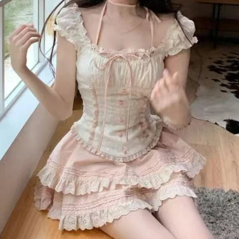 Sweet Kawaii 2-Piece Dress Set Women Sexy Off-Shoulder Corset Tops + Mini Cake Skirt Japanese Casual Harajuku Chic Outfit New