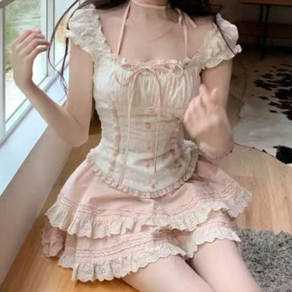 Sweet Kawaii 2-Piece Dress Set Women Sexy Off-Shoulder Corset Tops + Mini Cake Skirt Japanese Casual Harajuku Chic Outfit New