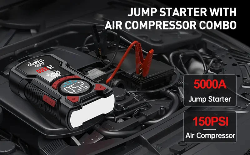 Car Jump Starter Air Compressor With Power Bank Portable Electric Pump Auto Battery Booster 12V Jump Box With Flashlight