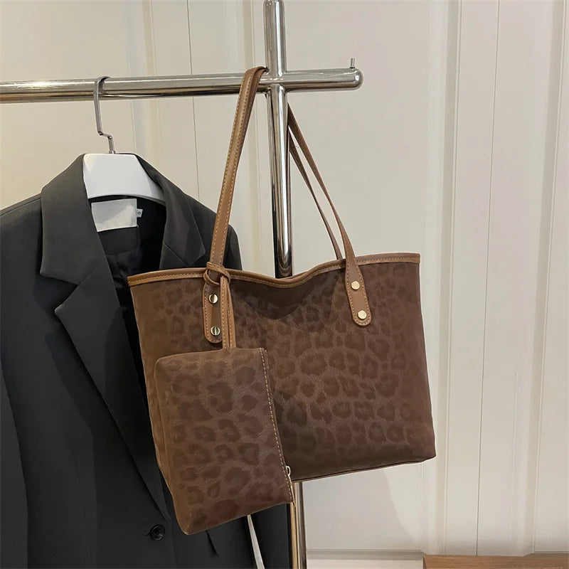 2pcs/set Leopard Print Women Shoulder Bag For Commuting, Daily Used, Casual Tote Bag Large Capacity Ladies Handbags And Purses