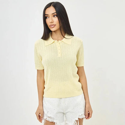 Typhaland Hollow Knitted T shirt Woman 2026 Summer New Short Sleeve Casual Loose Lapel Ins Hot Tops Lady Sweater T shirt Solid