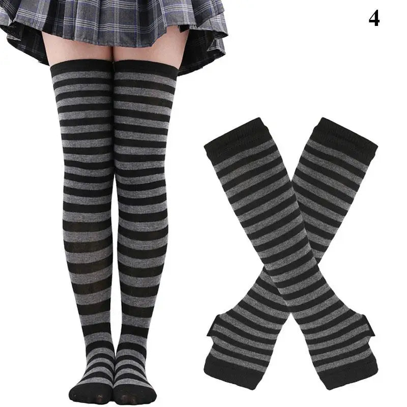 2Pair/Set Women Gothic Punk Over Knee Long Stripe Socks Girl Arm Sleeve Gloves Thigh High Cotton Socks Sweet Cute Christmas Gift