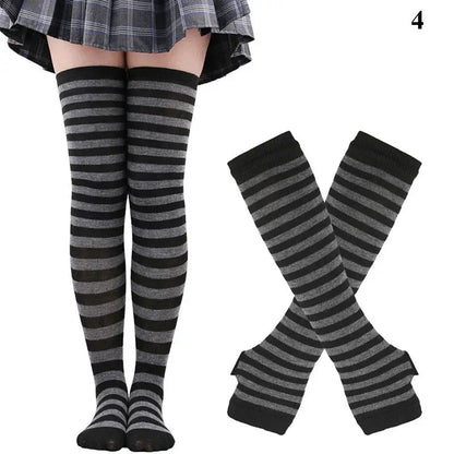 2Pair/Set Women Gothic Punk Over Knee Long Stripe Socks Girl Arm Sleeve Gloves Thigh High Cotton Socks Sweet Cute Christmas Gift