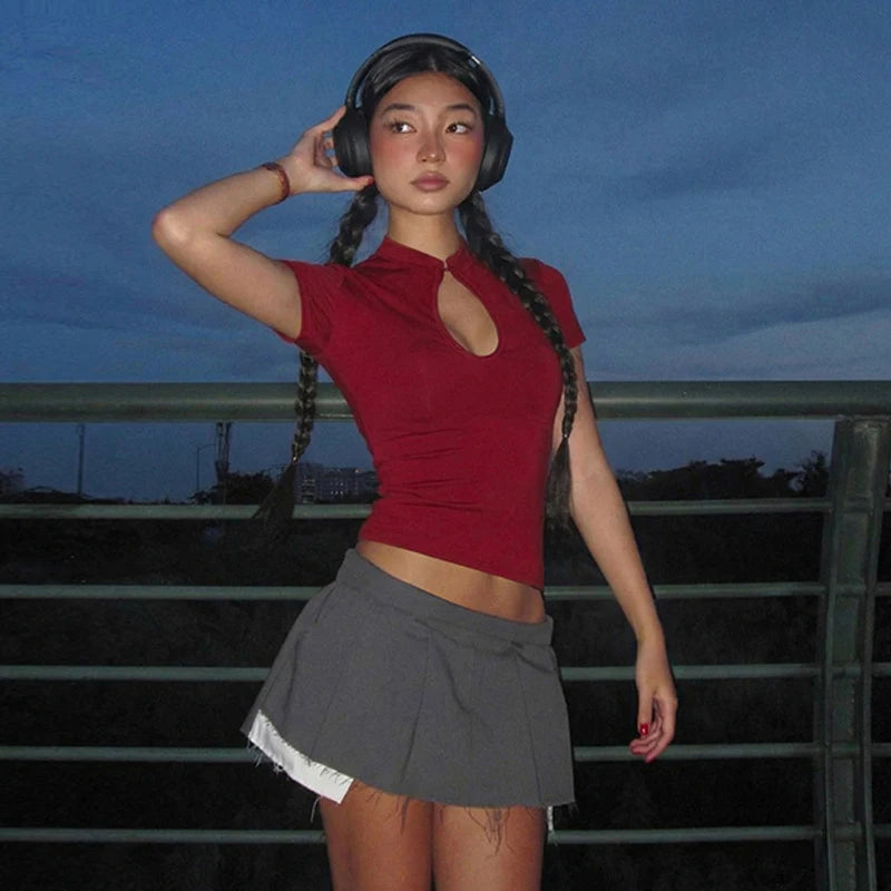 Stand Collar Button Hollow Out T-shirt Women Sexy Solid Short Sleeves Slim Fit Cropped Shirts 2026 Lady Daily Street Outwear New