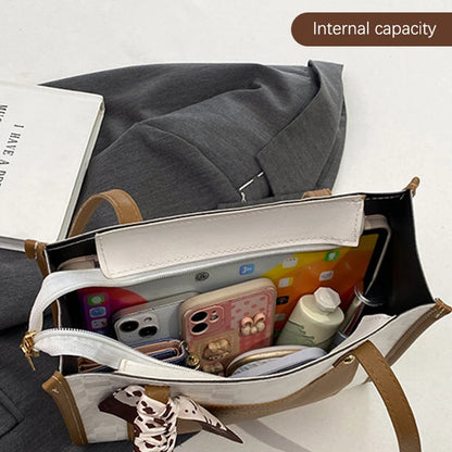 Patchwork Contrast Color Handbag Women's Casual Fashion Tote Bag Large Capacity Single Shoulder Bag Women's Silk Scarf Bag