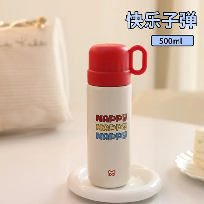 500ml Cartoon Stainless Steel Portable Thermos Cup,Cute Student Water Cup,Outdoor One Cover Dual-use Cup Vacuum Insulated Bottle