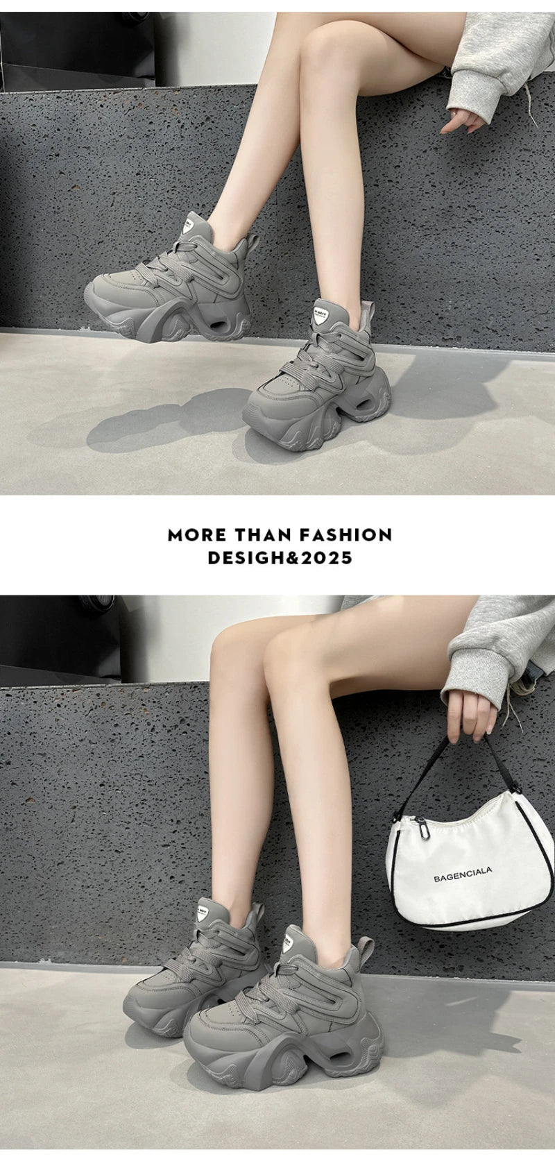 Chunky Platform Hidden Height Increasing Sneakers Casual Lace Up Shoes In White And Grey With Hollow Out Design For Streetwear