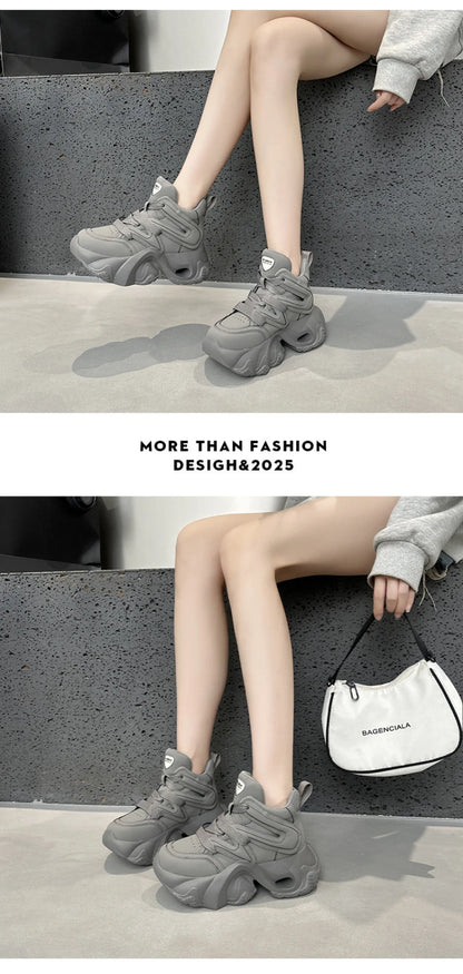 Chunky Platform Hidden Height Increasing Sneakers Casual Lace Up Shoes In White And Grey With Hollow Out Design For Streetwear