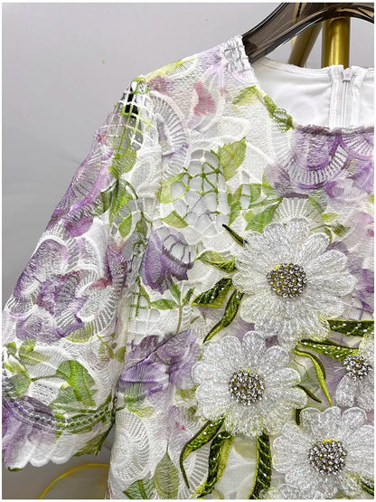 Womens Summer Hollow Embroidery Dress Short Sleeve Beaded Applique Lace Midi Dress Casual Elegant Chic Summer Party Wear
