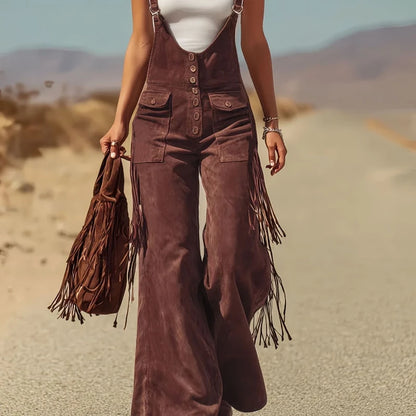 Spring Autumn New in Women's Personalized Retro Suede Tassel Wide Leg Pants Casual Loose Pocket Strap Work Pants Pants