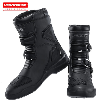 Retro Motorcycle Boots Cowhide Waterproof Mid-Calf Long riding Boots Men Women Riding Motocross Bota Motorbike Motocross Shoes