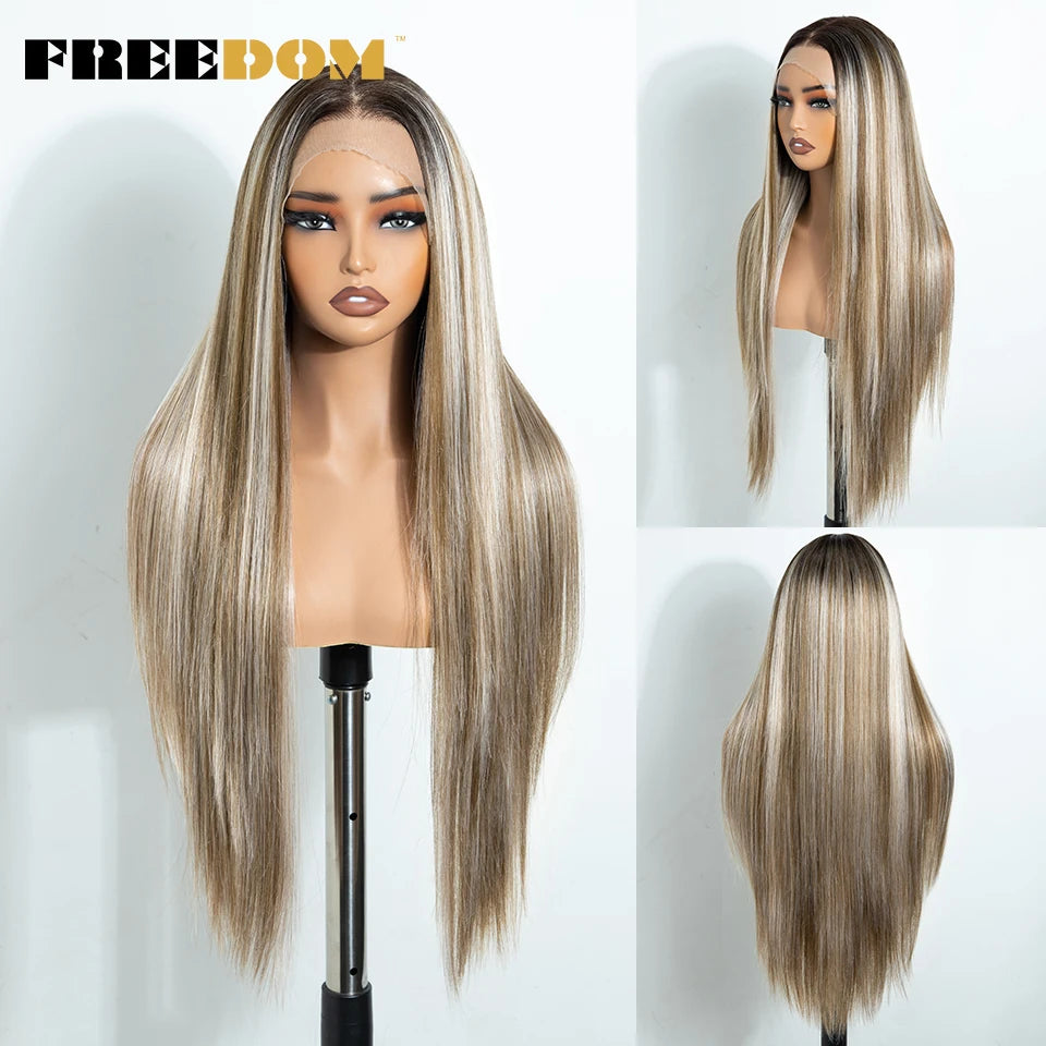 FREEDOM 13X4 Pre Plucked Synthetic Lace Front Wigs For Black Women Natural Hairline Straight 30 Inch Ombre Brown Wig Daily Use