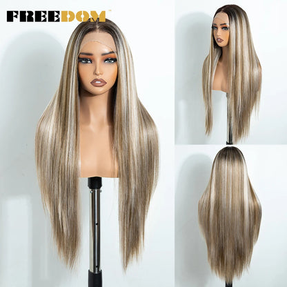 FREEDOM 13X4 Pre Plucked Synthetic Lace Front Wigs For Black Women Natural Hairline Straight 30 Inch Ombre Brown Wig Daily Use