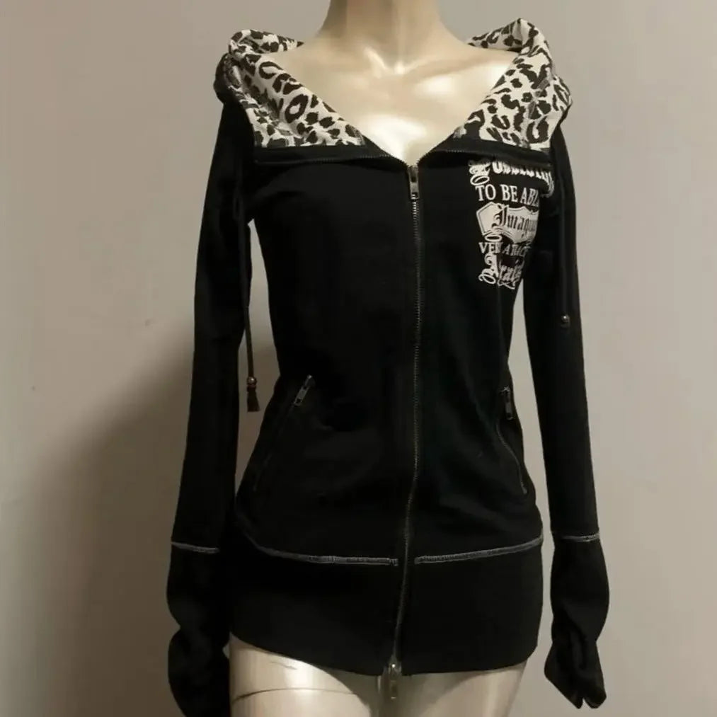 American street hot girl retro print black classic zipper hoodie women's y2k hip-hop trend temperament slim design jacket