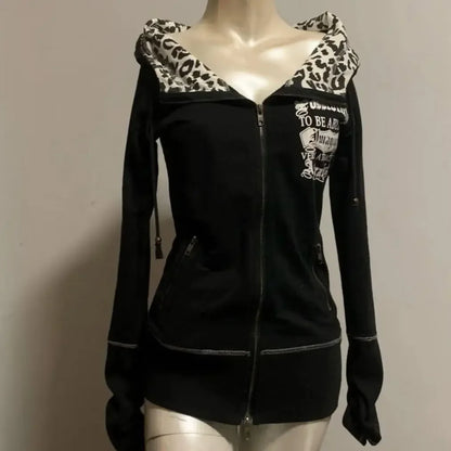 American street hot girl retro print black classic zipper hoodie women's y2k hip-hop trend temperament slim design jacket