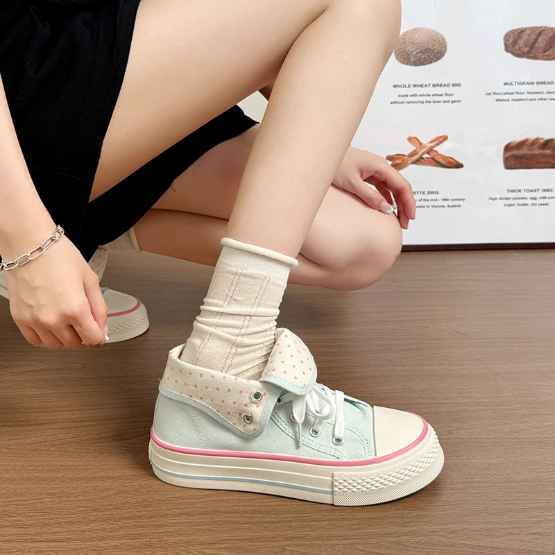New High Help Canvas Shoes Dots Women's Casual Shoes Woman Vulcanize Sneakers Comfortable Sport Walking Platform Flats Shoes 015