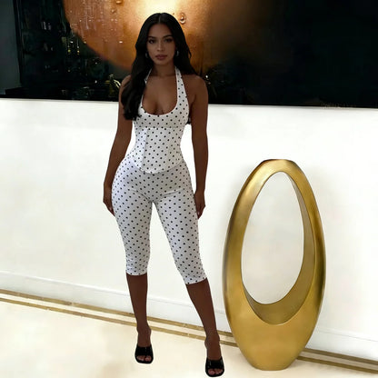 FAGADOER Sexy Polka Dot Print Bodycon Jumpsuits Woman Halter Deep V-neck Backless Rompers Female Streetwear Overalls 2026 New