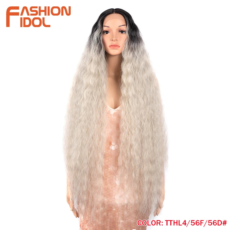 FASHION IDOL 42" Loose Wave Lace Front Wig Hair Synthetic Wigs For Women Ombre Blonde Water Wavy Long Curly Hair Wig Cosplay
