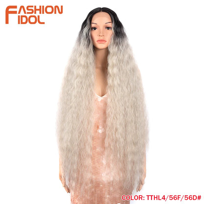 FASHION IDOL 42" Loose Wave Lace Front Wig Hair Synthetic Wigs For Women Ombre Blonde Water Wavy Long Curly Hair Wig Cosplay