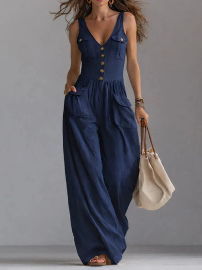 Casual New Solid Women's Jumpsuit Fashion Sexy V Neck Button Front Boho Rompers Summer Sleeveless Pocket Wide Leg Overalls