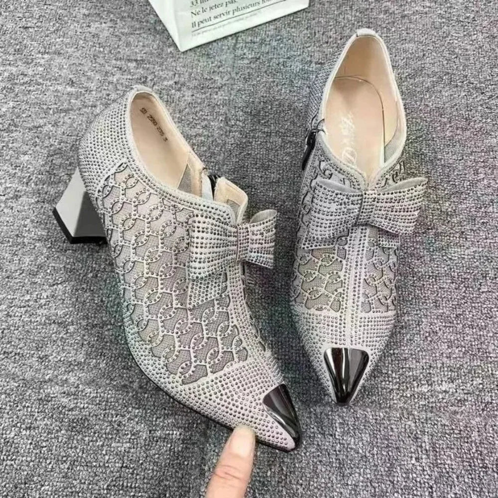 Women's Pointed Toe Sandals Luxury Breathable Mesh Bowknot Rhinestone Clear Elegant Mid-Heeled Simple Pump Shoes Mesh Sandals