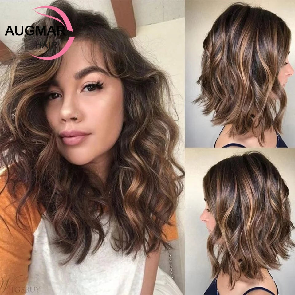 Short Wavy Blonde Highlight Wig Human Hair Wigs Ombre 13x4 Brown Lace Front Wig Brazilian Full Lace Wig 13x6 HD Lace Frontal Wig