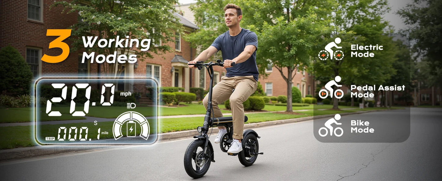 VIPDRIVE Zypho Adult Electric Bike, 500W peak motor, 36V 7.8Ah battery, 14"Tire Commuter E-Bike,20MPH,UL2849, 1-Year Warranty