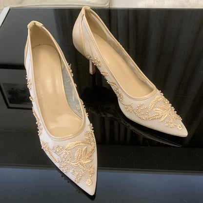 Pointed Toe Mesh Embroider High Heels for ladies Elegant String Bead pumps Sexy Luxury Designer Shoe Party Wedding Heeled Sandal