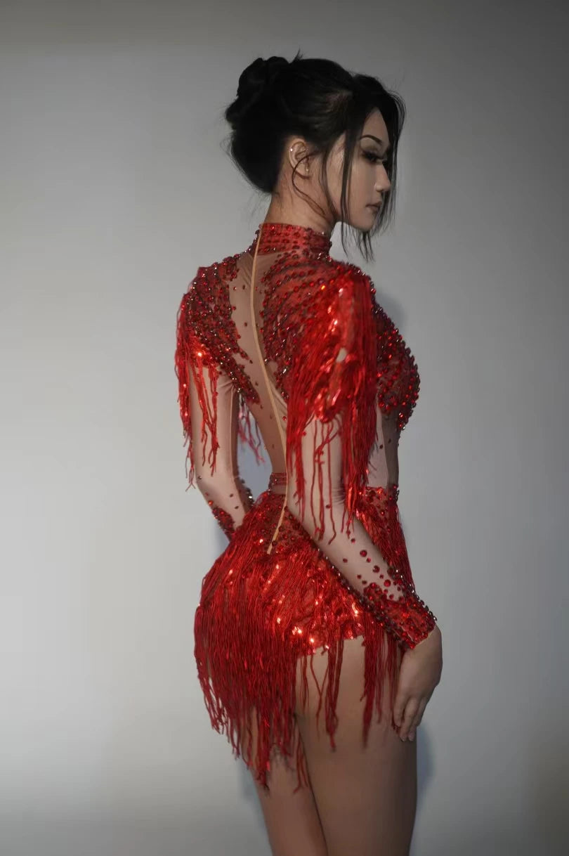 Sexy Skinny Leotard Singer Dancer Show StageWear Sparkly Blue Rhinestones Women DanceCostume Fringes One Shoulder Bodysuit  7G