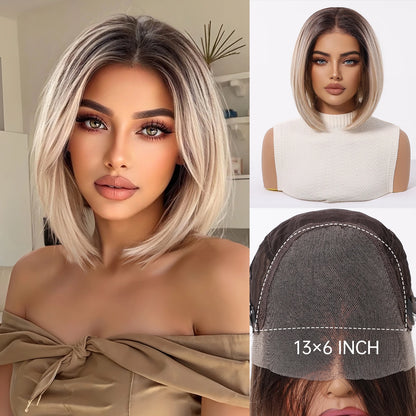 13*6 HD Lace Front Wigs Blonde Mixed Brown Synthetic Wigs For Women Daily Party Short Straight Natural Fake Hair Heat Resistant