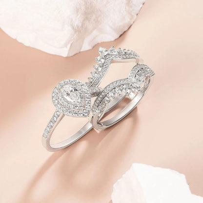 Newshe 925 Sterling Silver Wedding Rings Set for Women Tear Drop CZ Double Halo Engagement Ring with Enhancer Guard Jewelry