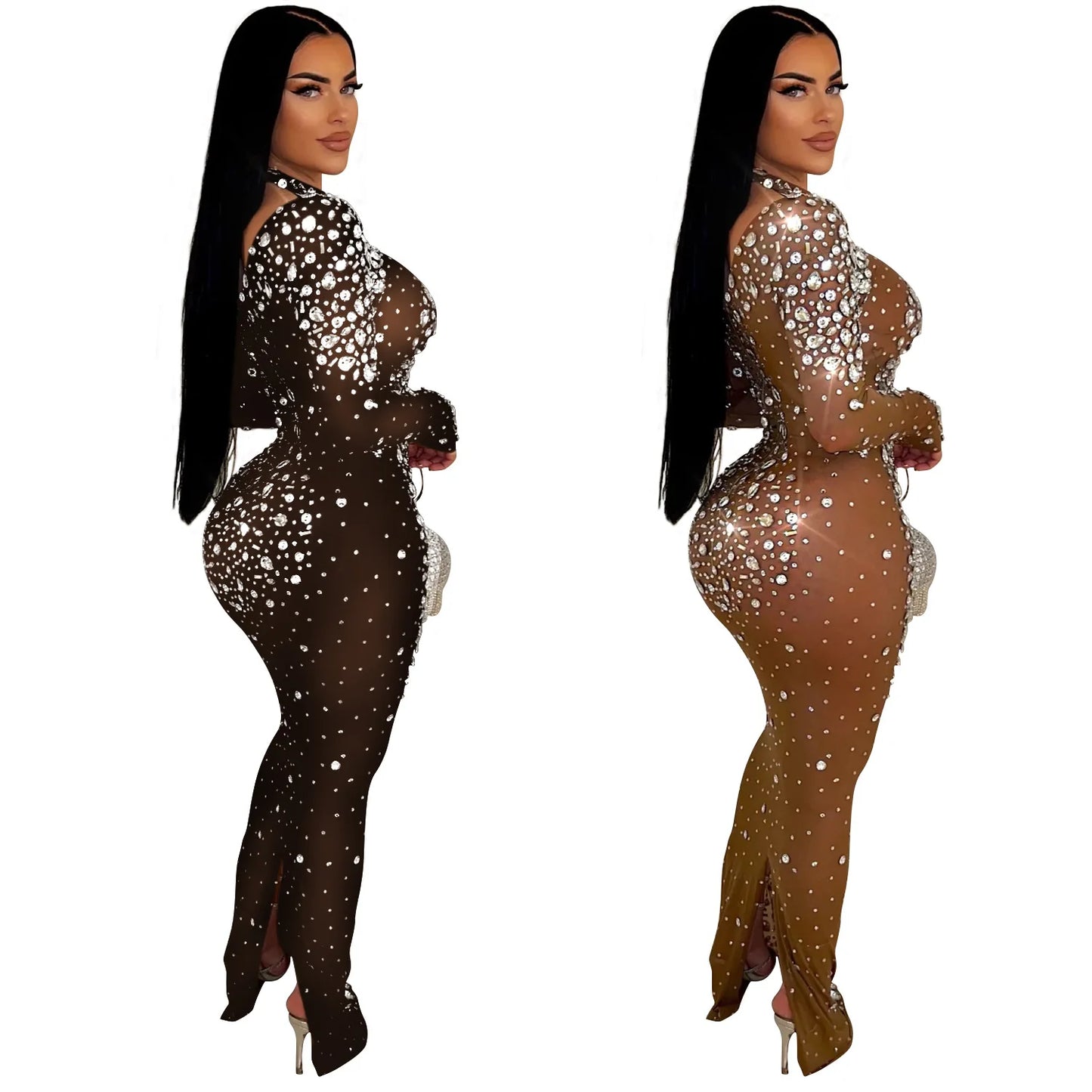 Party Dress Women Floor Length Dresses Vestidos Hot Drilling Evening Bodycon Square Collar Prom High Waist Evening Night 2025