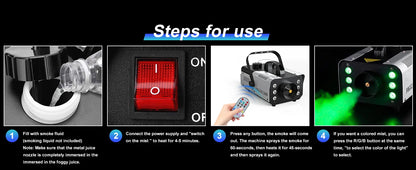 Datewink 1200W Smoke Fog Machine RGB 6LEDs Stage Lighting Effect Haze Generator Remote Control For Party DJ Disco Club Wedding