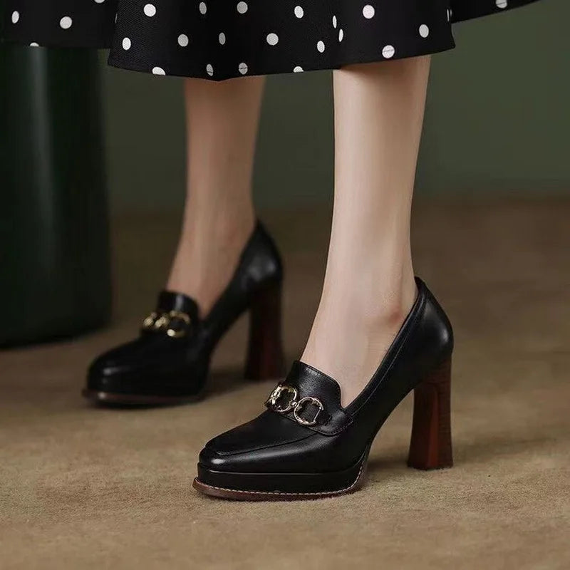 Split Cowhide Leather Shoes,Women Platform Block High Heels,Square Toe, Slip On,Retro Style,Brown,Black,Size 34-39,Dropship