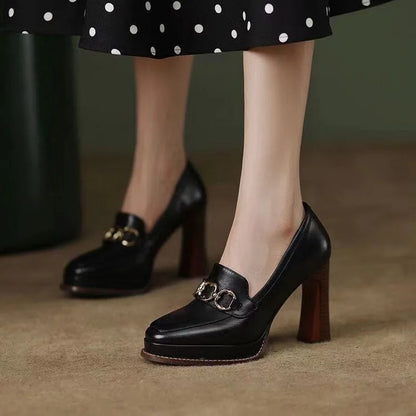 Split Cowhide Leather Shoes,Women Platform Block High Heels,Square Toe, Slip On,Retro Style,Brown,Black,Size 34-39,Dropship