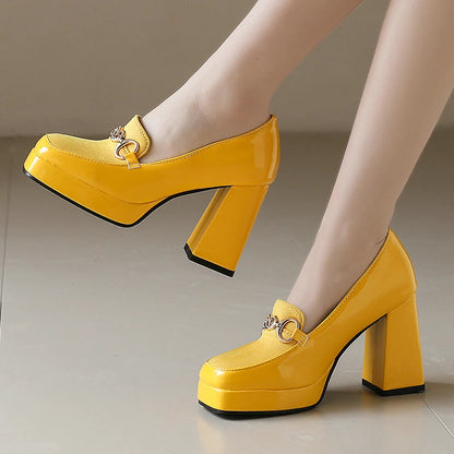 Extra Big Size 49 50 Bright Yellow Metal Crystal Chain Woman's Pumps Spring Fall Shoes Slip-on Loafers Platform Block High Heels