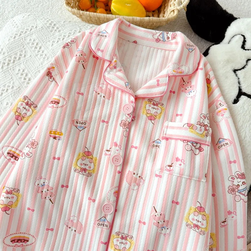 Striped Dog Print Korean Casual Loungewear for Women Sweet Cute Lapel Neck Women's Pajamas Set Autumn Winter New 2 PCS Sleepwear