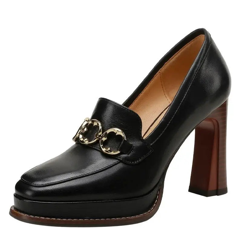 Split Cowhide Leather Shoes,Women Platform Block High Heels,Square Toe, Slip On,Retro Style,Brown,Black,Size 34-39,Dropship