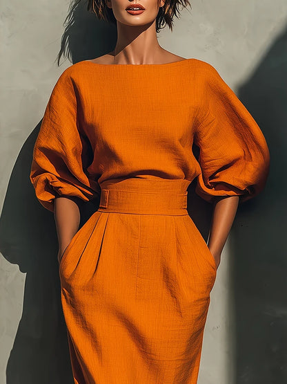 Elegant Fashion Solid Party A-lien Dress Casual O-neck Lantern Sleeve Pocket Dress Temperament High Waist Pleated Wrap Hip Dress
