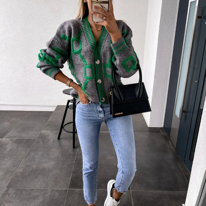Autumn Winter Jacquard Knitted Coat Women Fashion V-neck Long Sleeve Single Breasted Knitting Cardigan Coats Female Streetwear