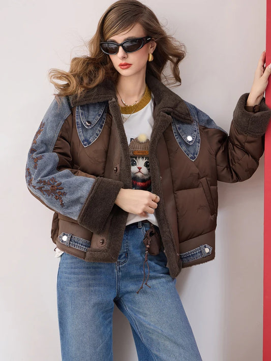 Women Vintage Denim Patchwork Puffer Jacket Loose Fit Thick Winter Coat Embroidered Sleeve Streetwear Warm Outerwear Fashion