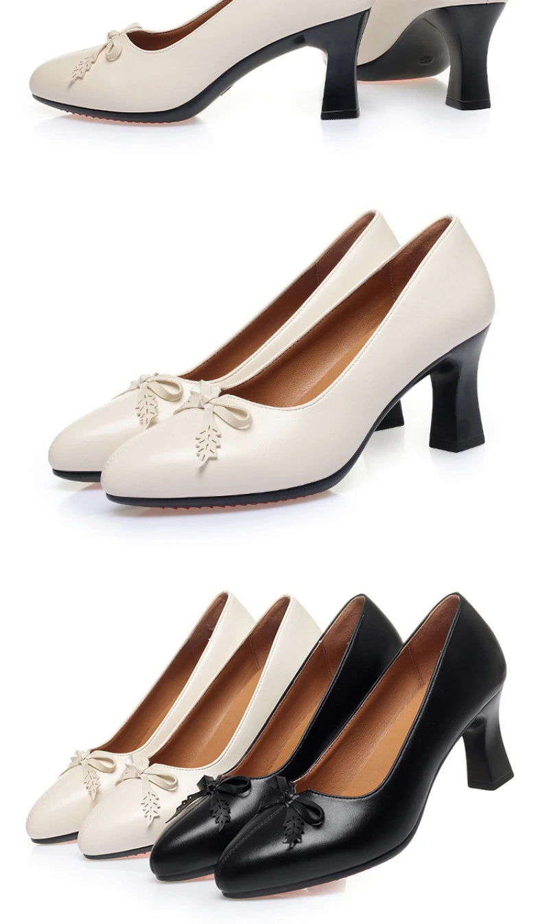 Womens Elegant Bow Decor Block Heel Pumps Smooth Faux Leather Upper Pointed Toe Design Comfort Cushioned Insole NonSlip Outsole